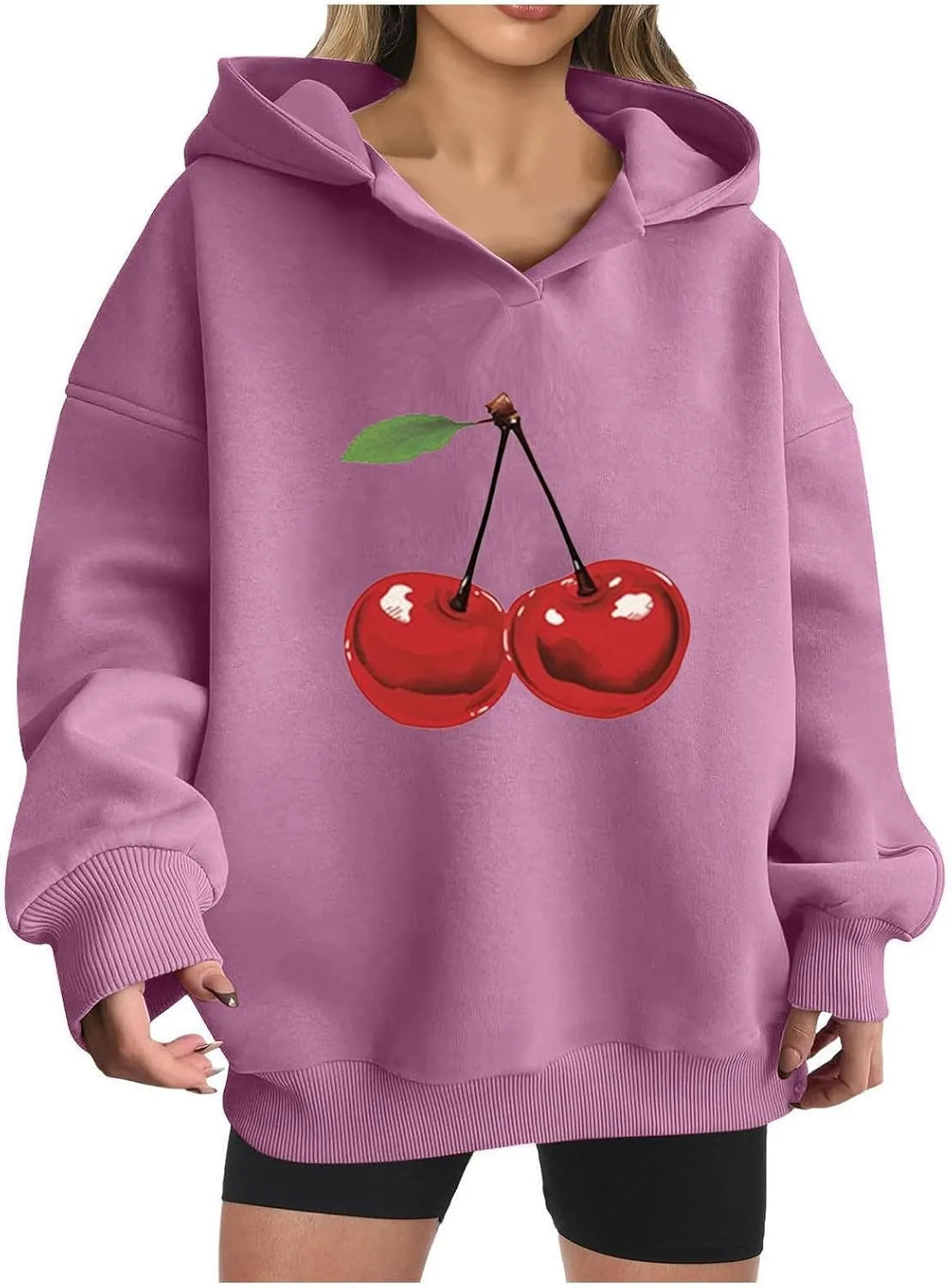 Womens Oversized Cherry Printed Hoodies Pullover Long Sleeve Cute Sweatshirt Tops Loose Fit Casual Tunic Blouses