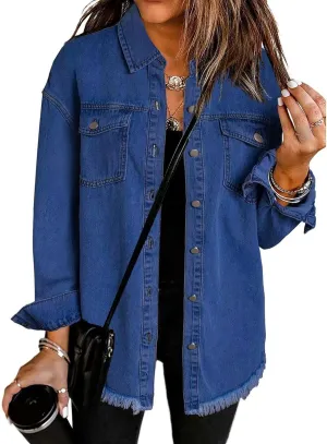 Womens Oversized Denim Jacket Casual Long Boyfriend Button Down Distressed Jean Jacket Fall Shacket Jacket
