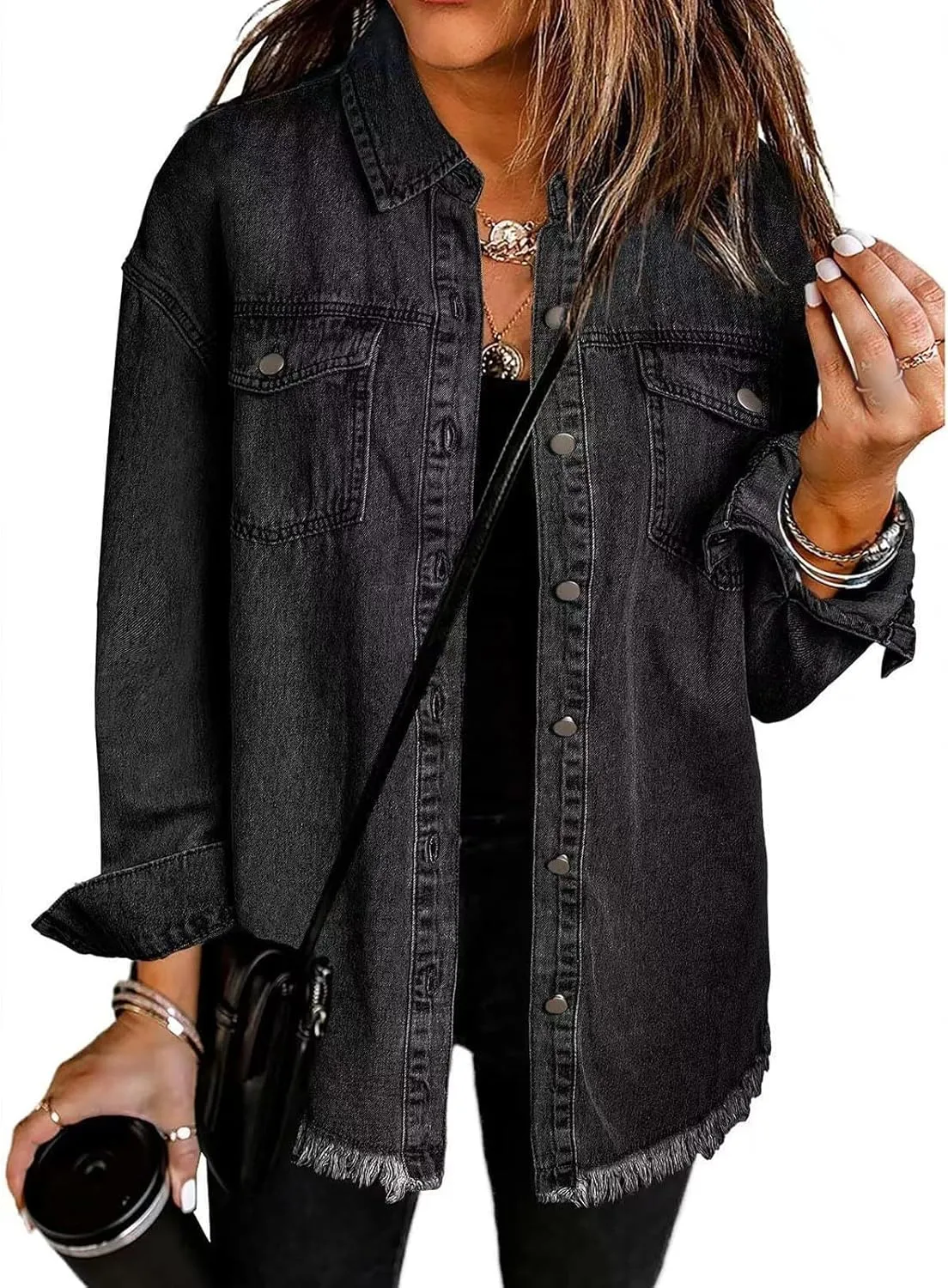 Womens Oversized Denim Jacket Casual Long Boyfriend Button Down Distressed Jean Jacket Fall Shacket Jacket
