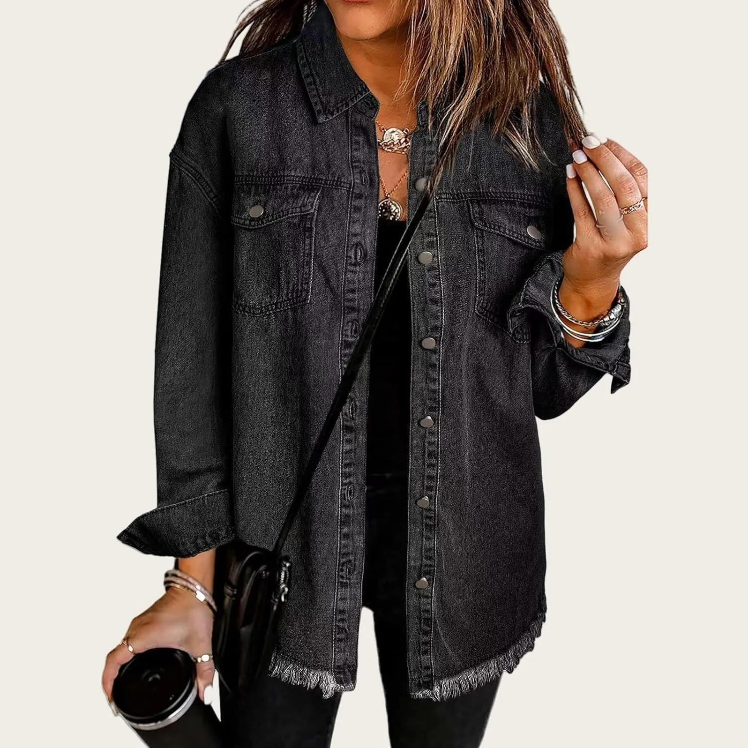 Womens Oversized Denim Jacket Casual Long Boyfriend Button Down Distressed Jean Jacket Fall Shacket Jacket