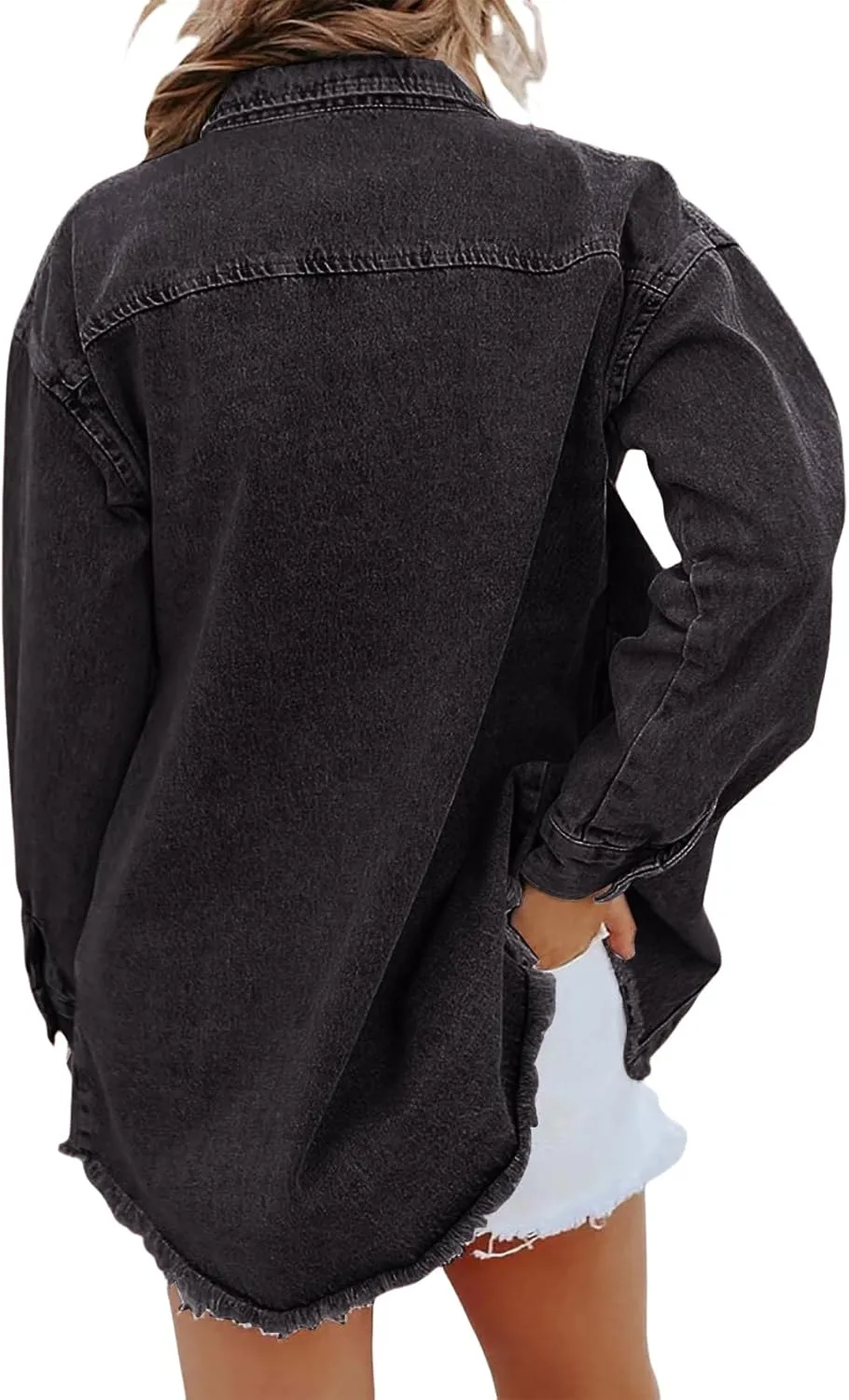 Womens Oversized Denim Jacket Casual Long Boyfriend Button Down Distressed Jean Jacket Fall Shacket Jacket