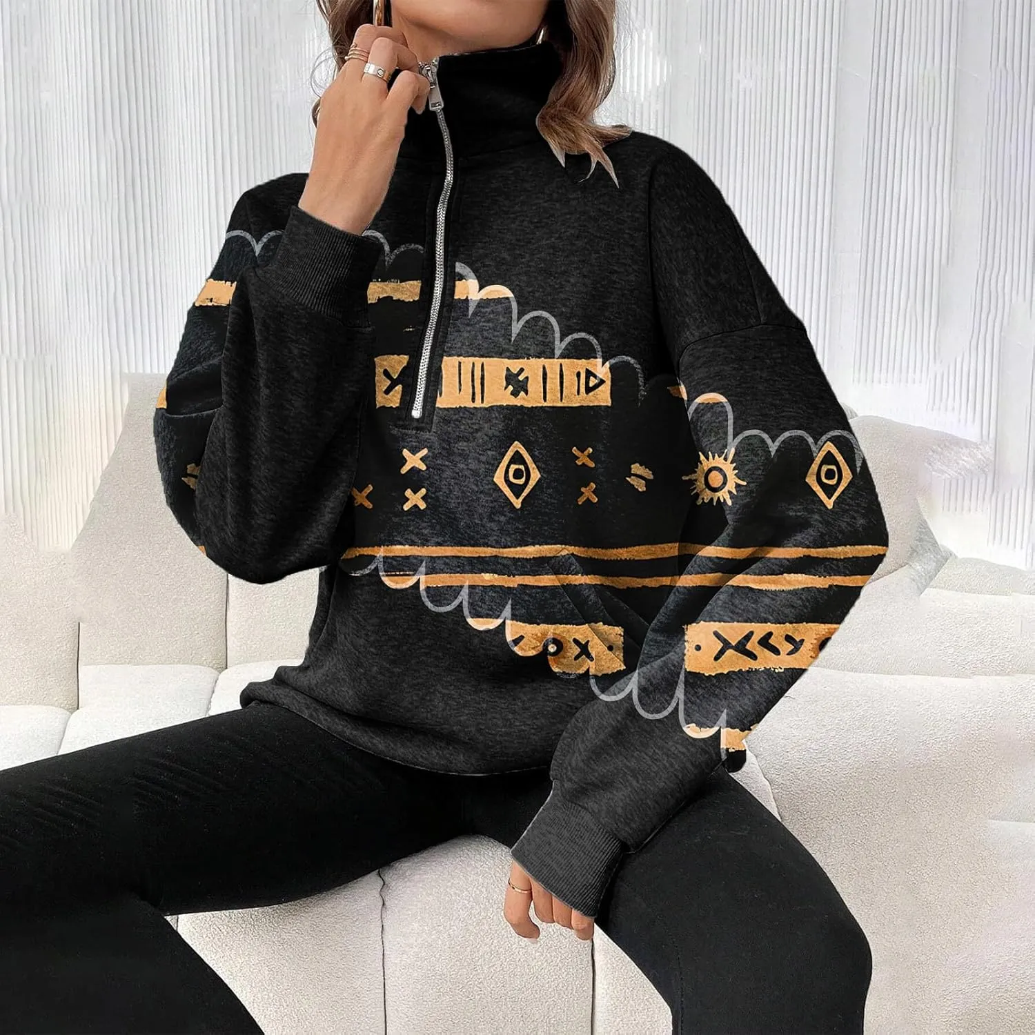Womens Quarter Zip Pullover Oversized Sweatshirt Western Cowboy Aztec Print Long Sleeve Shirts Fall 2024 Outfits