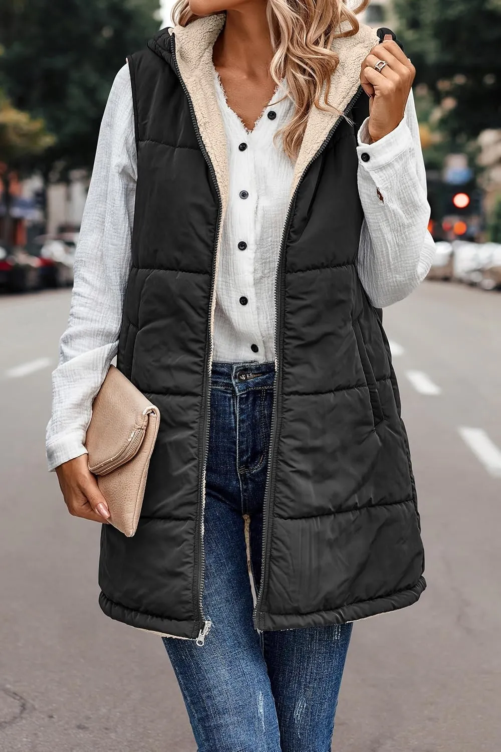 Womens Reversible Vests Sleeveless Jacket Zip Up Hoodie 2023 Fall Winter Warm Long Fleece Coat Outerwear with Pockets
