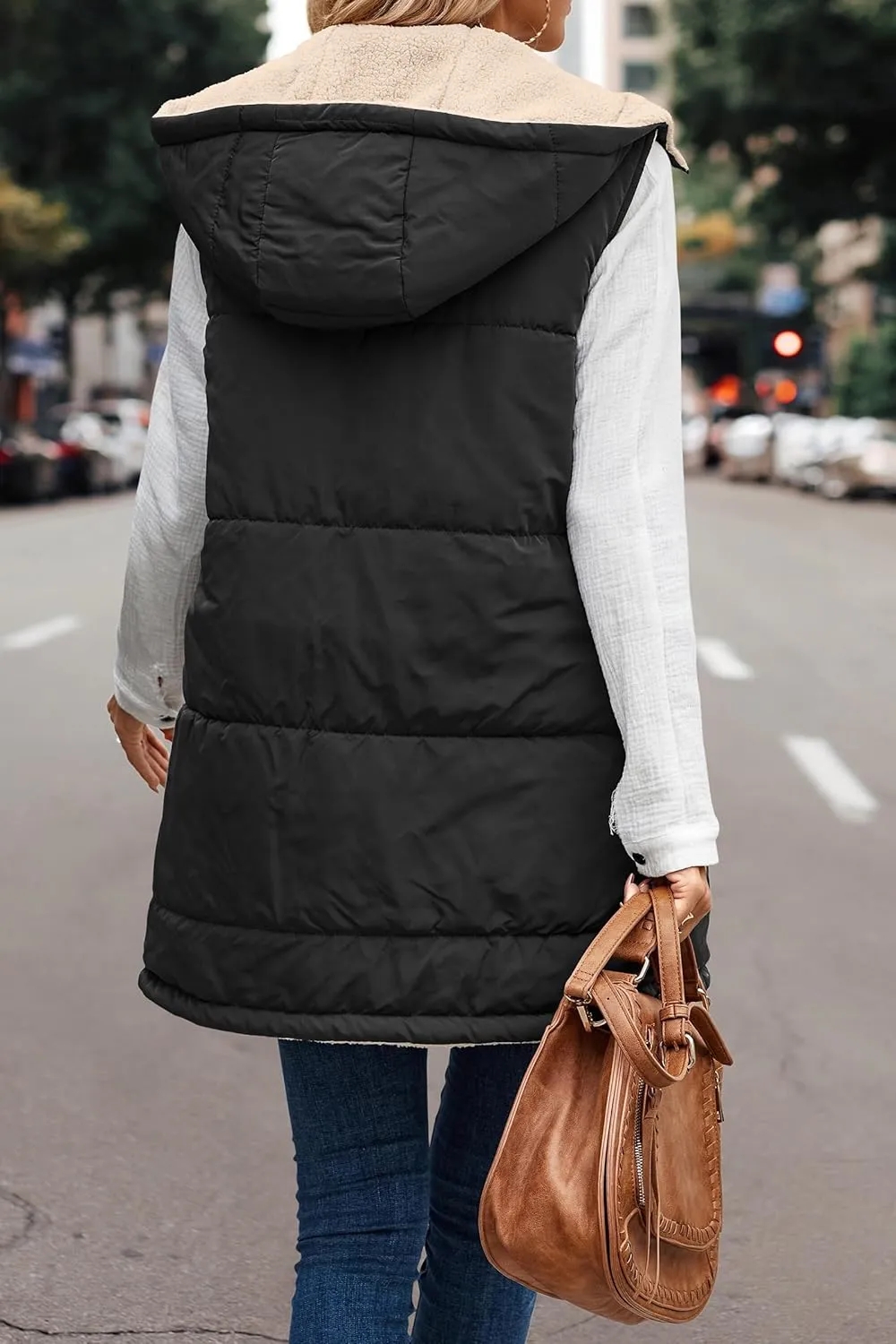 Womens Reversible Vests Sleeveless Jacket Zip Up Hoodie 2023 Fall Winter Warm Long Fleece Coat Outerwear with Pockets
