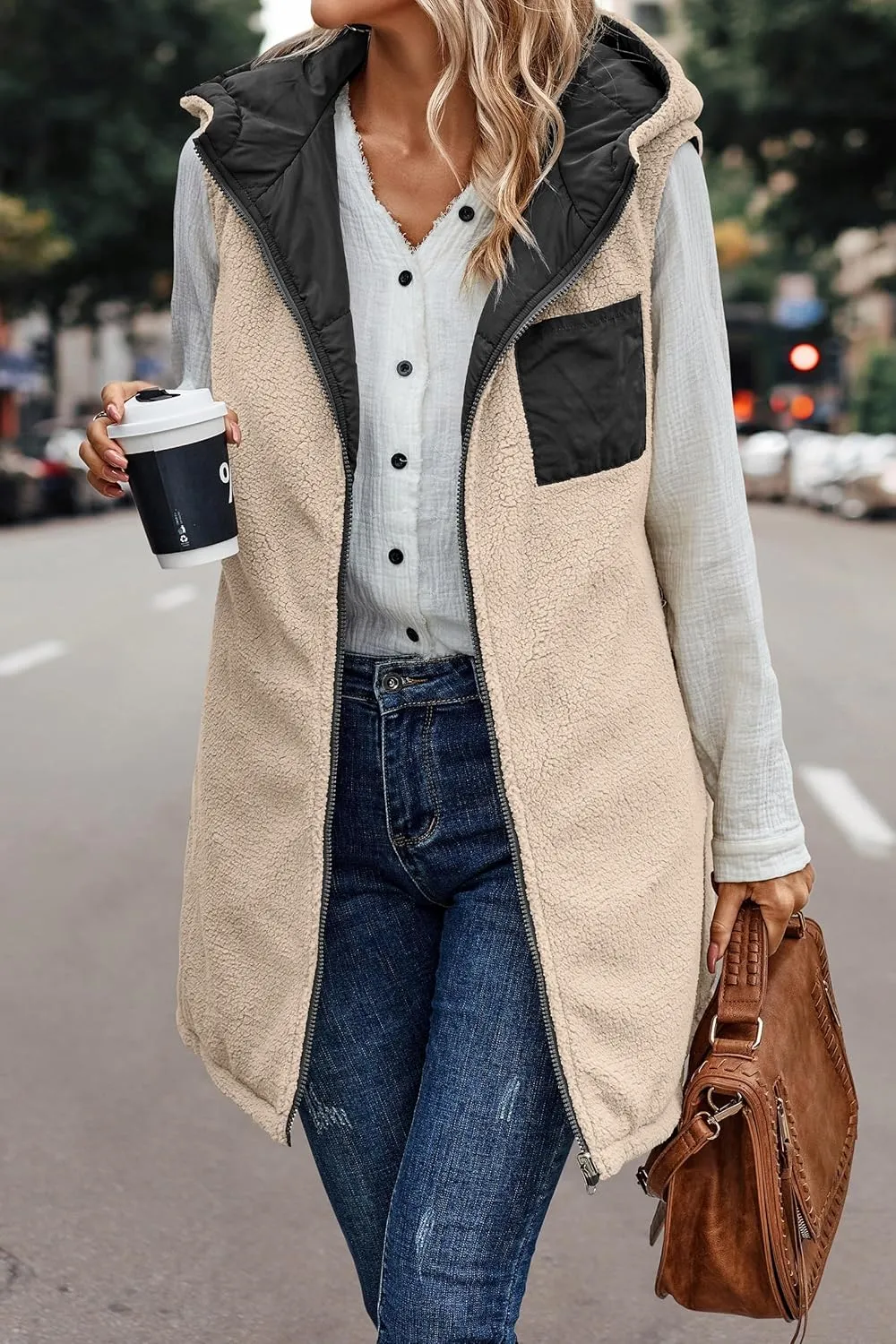 Womens Reversible Vests Sleeveless Jacket Zip Up Hoodie 2023 Fall Winter Warm Long Fleece Coat Outerwear with Pockets