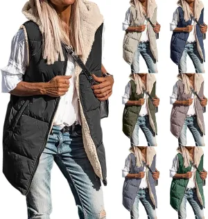 Womens Reversible Vests Sleeveless Jacket Zip Up Hoodie 2023 Fall Winter Warm Long Fleece Coat Outerwear with Pockets