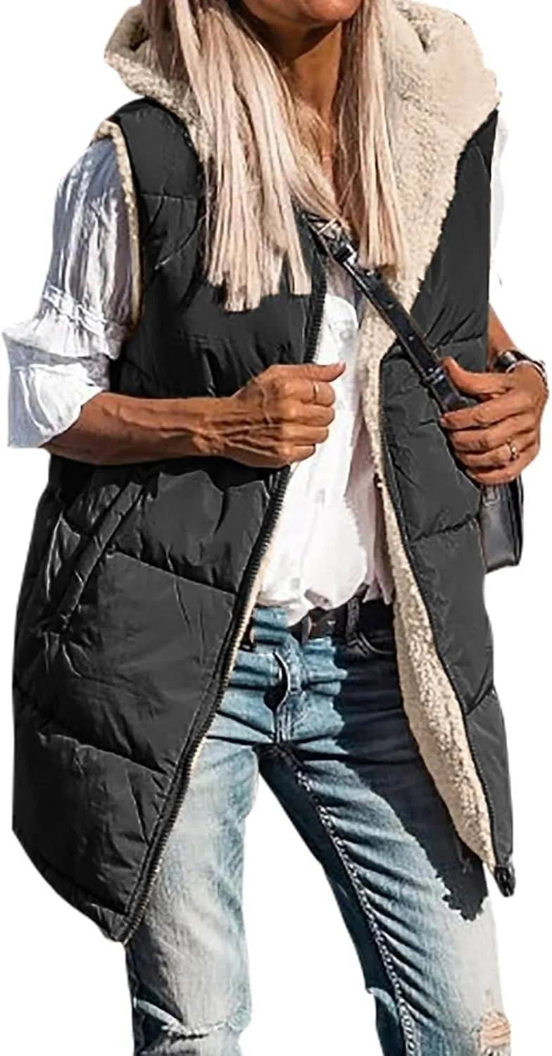 Womens Reversible Vests Sleeveless Jacket Zip Up Hoodie 2023 Fall Winter Warm Long Fleece Coat Outerwear with Pockets