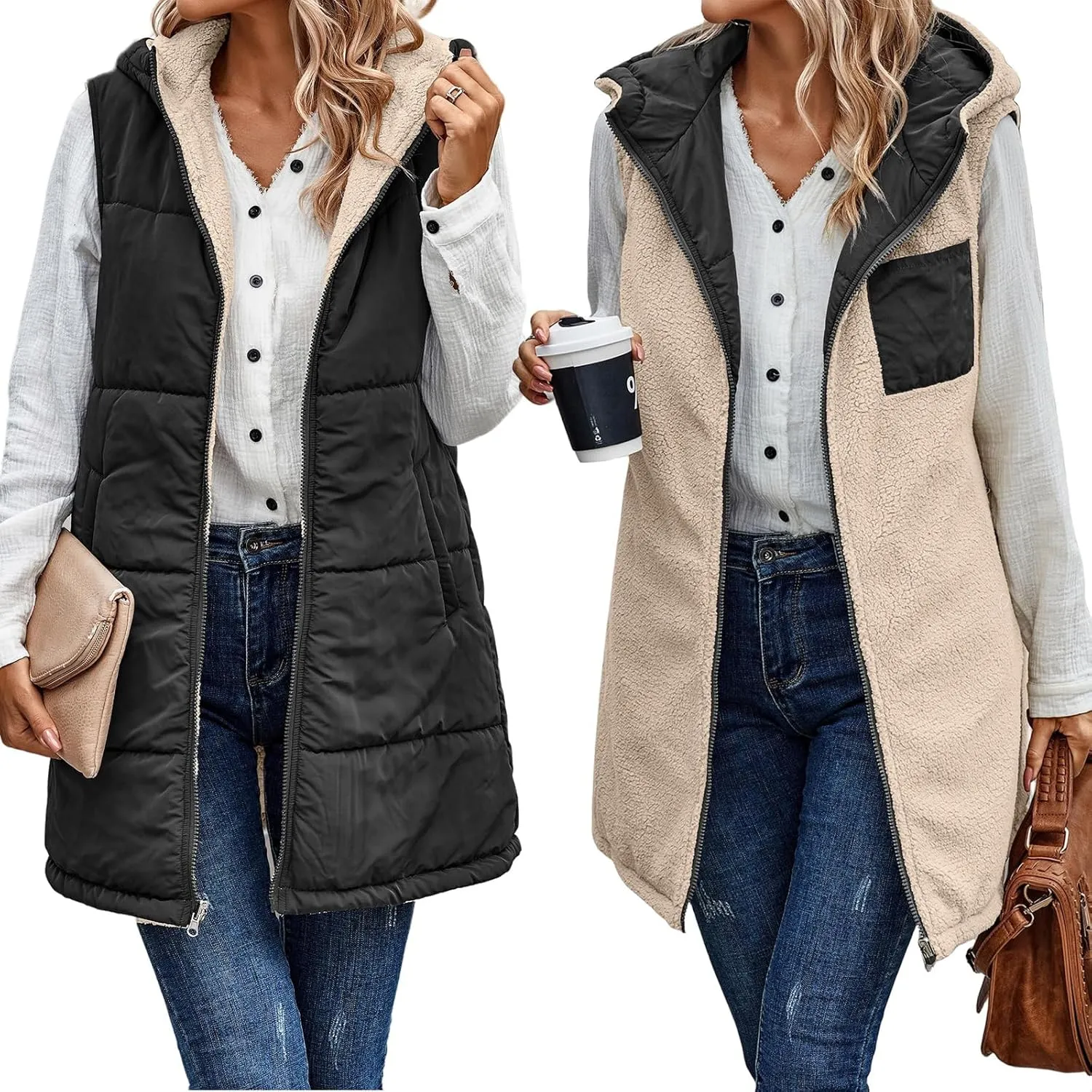 Womens Reversible Vests Sleeveless Jacket Zip Up Hoodie 2023 Fall Winter Warm Long Fleece Coat Outerwear with Pockets