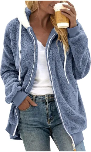 Womens Sherpa Jacket Fuzzy Zip Up Hoodie Oversized Fleece Jackets Fluffy Coat with Pockets