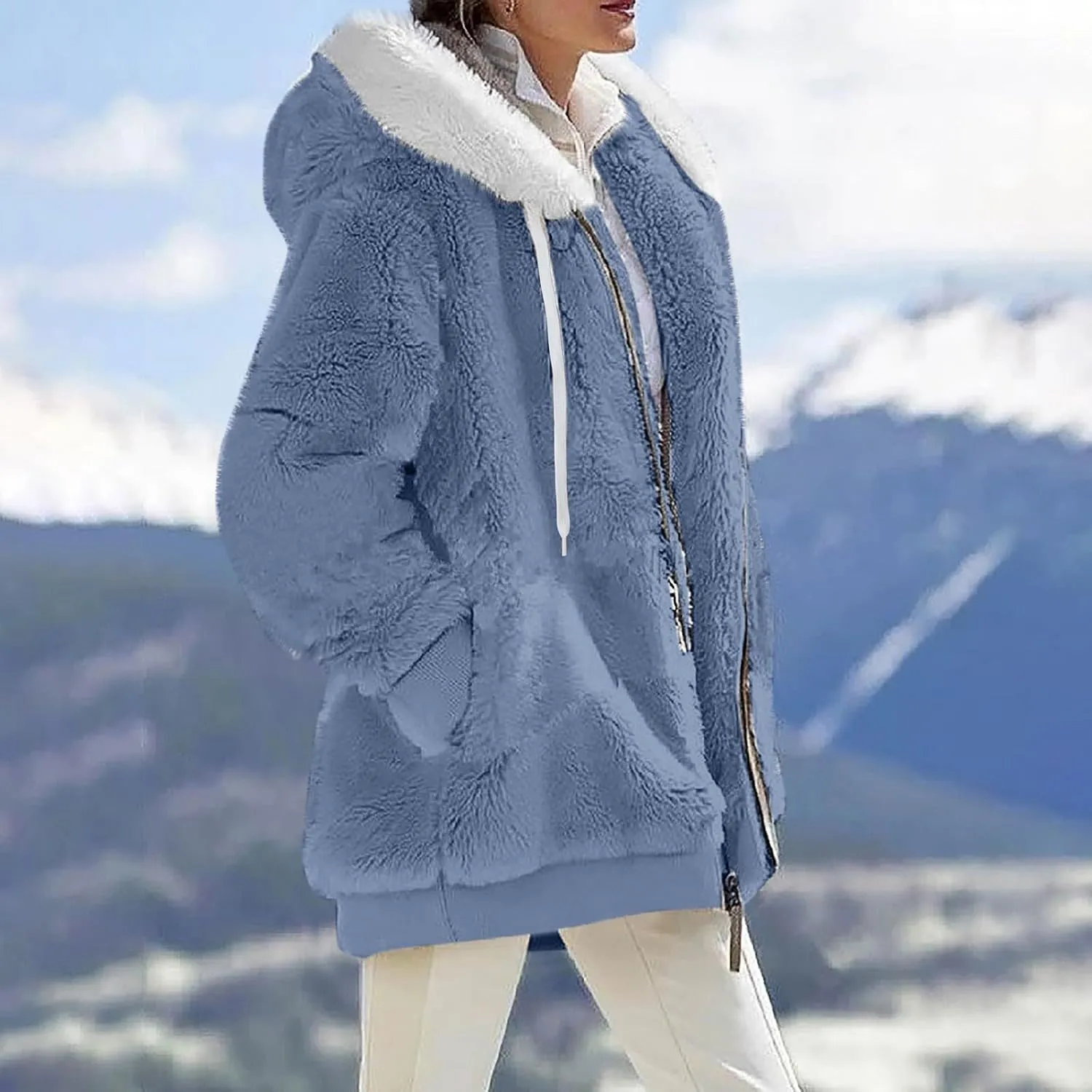 Womens Sherpa Jacket Fuzzy Zip Up Hoodie Oversized Fleece Jackets Fluffy Coat with Pockets
