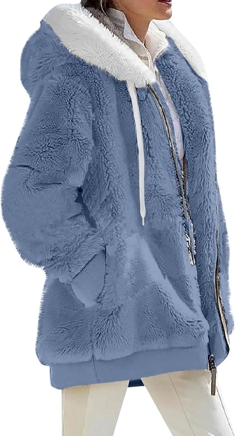 Womens Sherpa Jacket Fuzzy Zip Up Hoodie Oversized Fleece Jackets Fluffy Coat with Pockets
