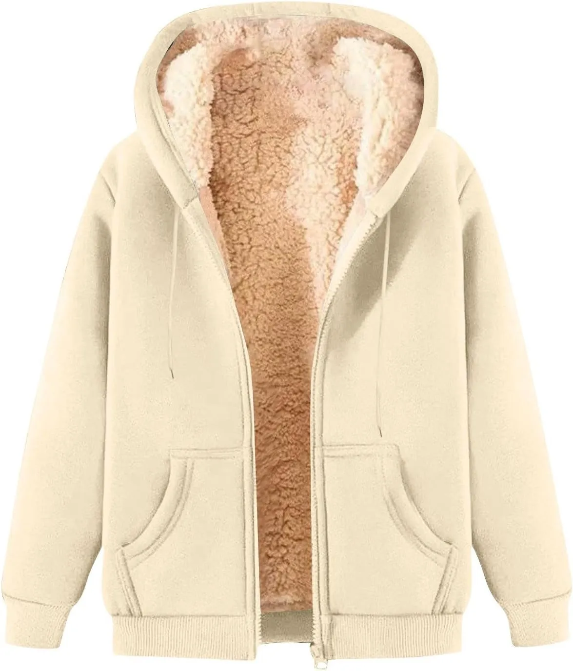Womens Sherpa Lined Jacket Casual Plus Size Zip Up Hoodie Loose Fit Comfy Soft Fleece Jacket with Pockets Outerwear