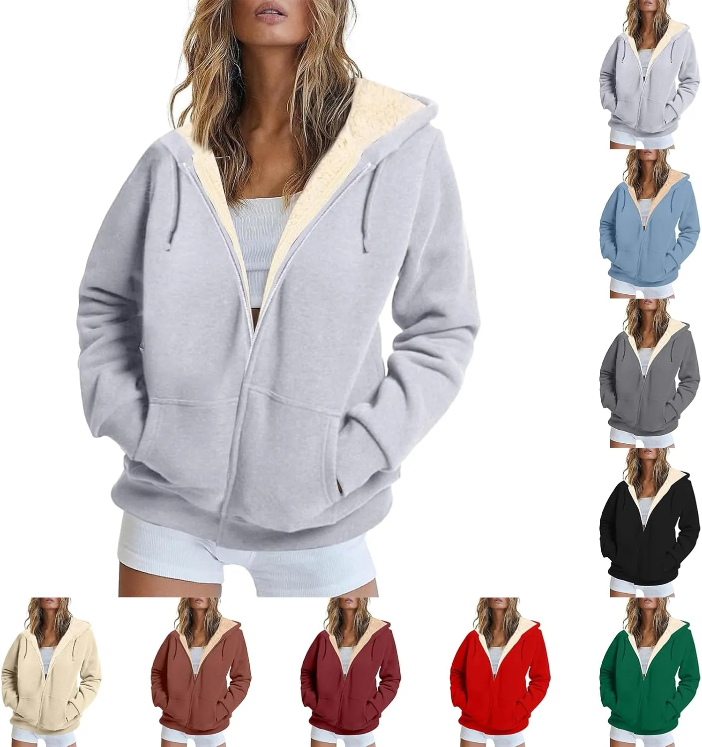 Womens Sherpa Lined Jacket Casual Plus Size Zip Up Hoodie Loose Fit Comfy Soft Fleece Jacket with Pockets Outerwear
