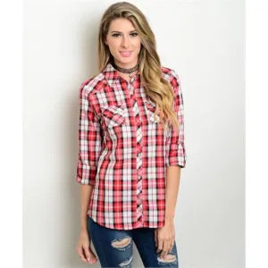 Women's Shirts Plaid Button Down Red And White