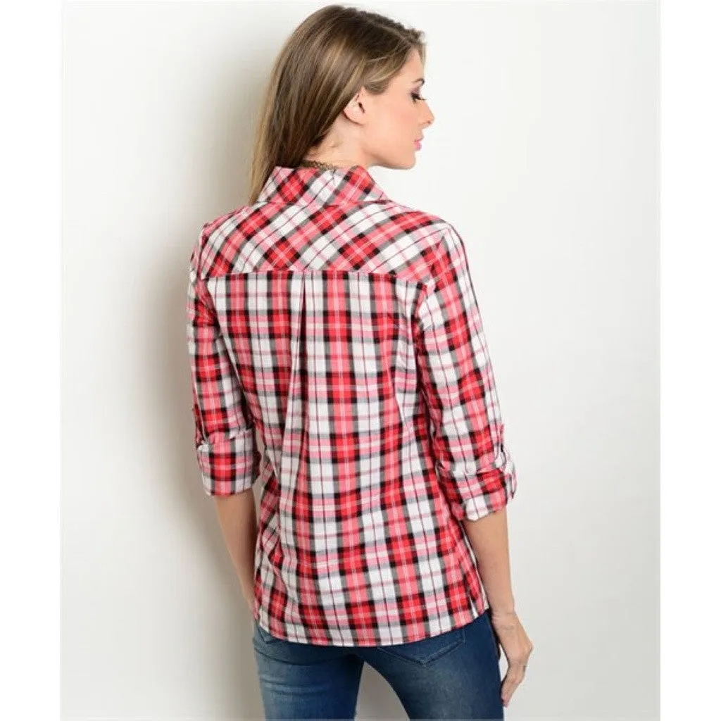 Women's Shirts Plaid Button Down Red And White