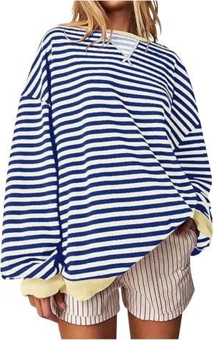 Women's Striped Long Sleeved Shirts Loose Casual Sweatshirts Round Neck Pullover Tops Blouses Fall Fashion Clothes