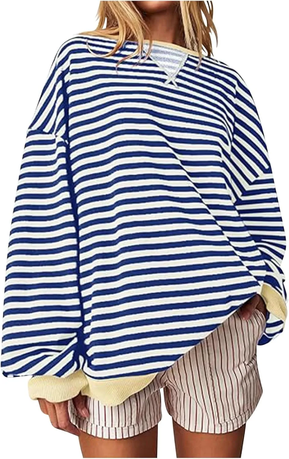 Women's Striped Long Sleeved Shirts Loose Casual Sweatshirts Round Neck Pullover Tops Blouses Fall Fashion Clothes