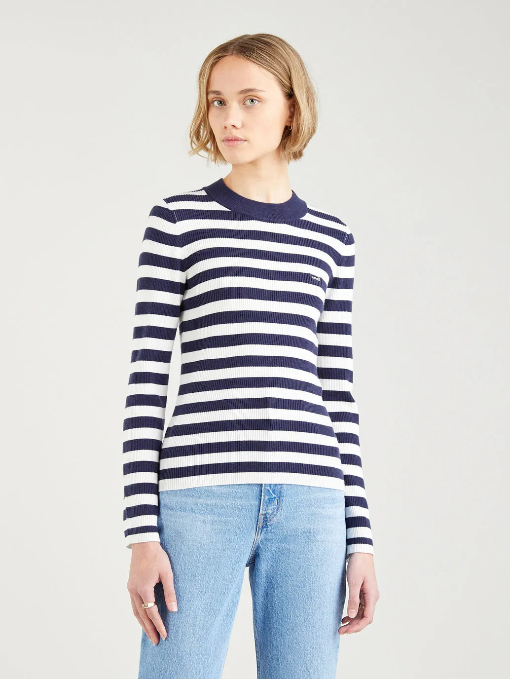 Women's Striped Navy Blue Crew Neck Sweater