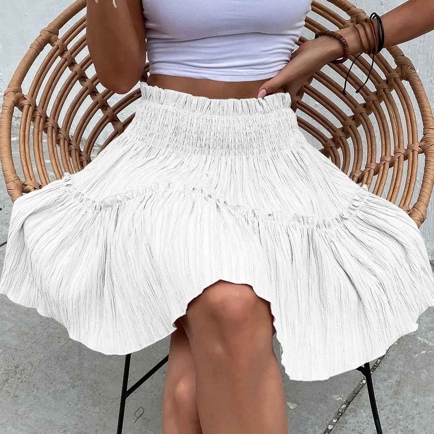 Women's Summer Solid Color Large Hem Body-Half Skirt Elastic High Waist Loose Fit Casual Pleated Short Skirt 2025