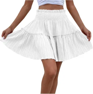 Women's Summer Solid Color Large Hem Body-Half Skirt Elastic High Waist Loose Fit Casual Pleated Short Skirt 2025