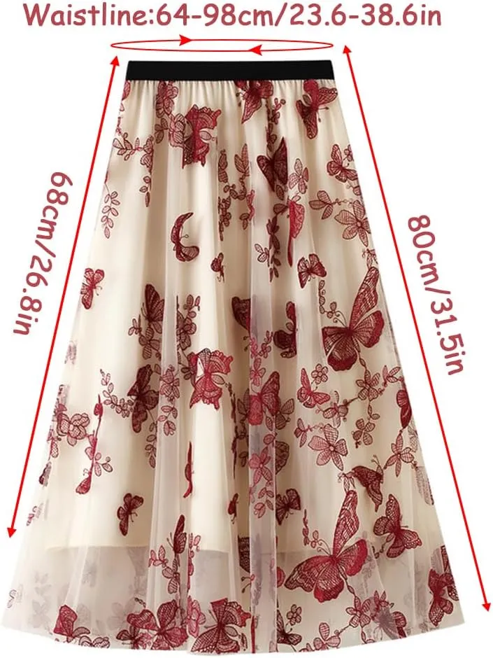 Womens Tulle Tutu Skirt A-Line Midi Mini Skirt Elastic High Waist Layer Skirt Floral Print Mesh Pleated Swing Dresses