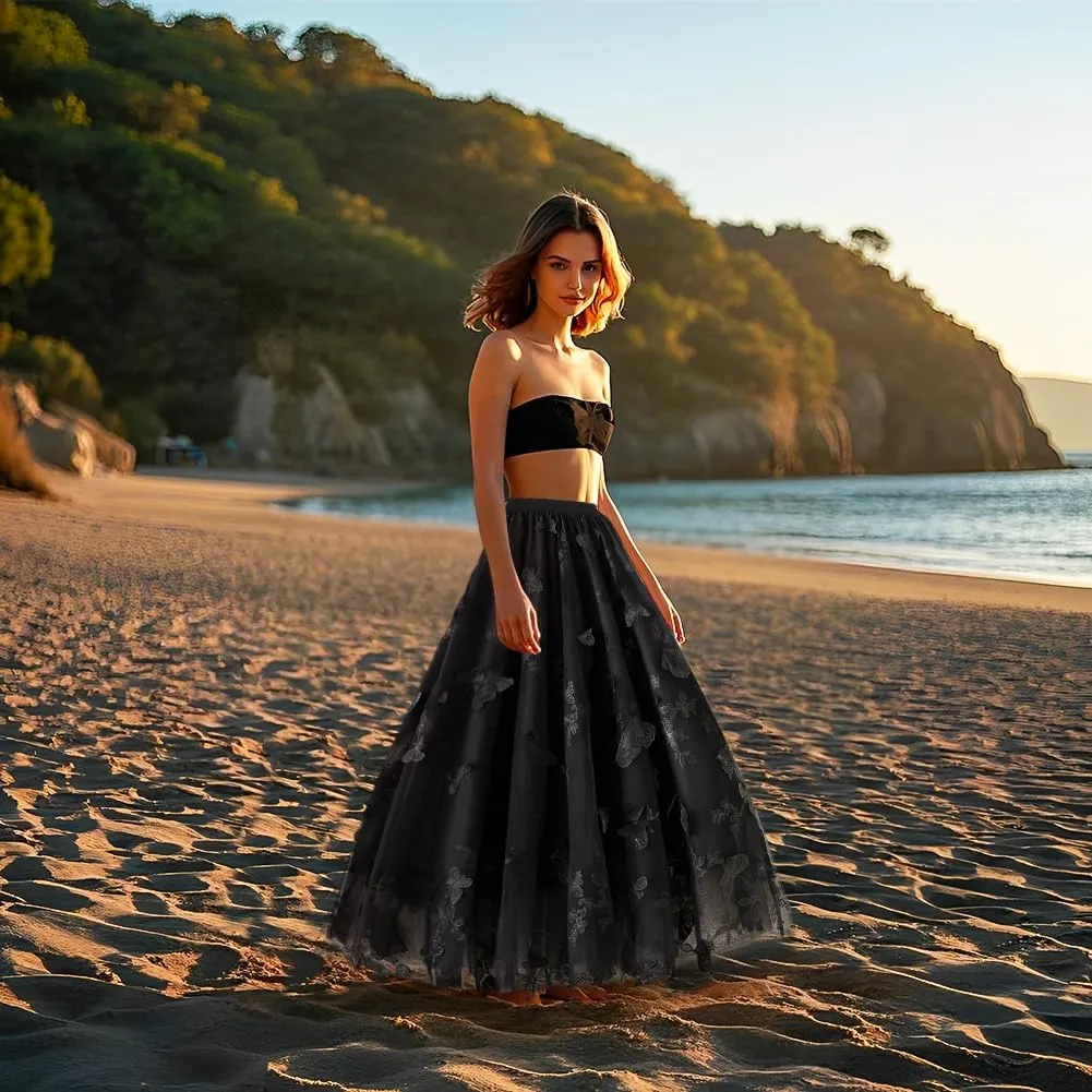 Womens Tulle Tutu Skirt A-Line Midi Mini Skirt Elastic High Waist Layer Skirt Floral Print Mesh Pleated Swing Dresses