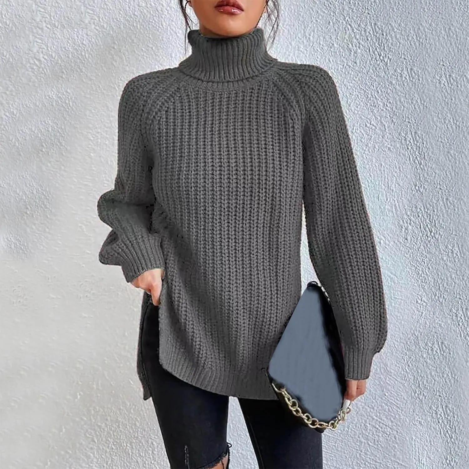 Women's Turtleneck Sweaters Slouchy Knit Chunky Sweater Fall Winter Fashion Cable Weaving Long Sleeve Pullover