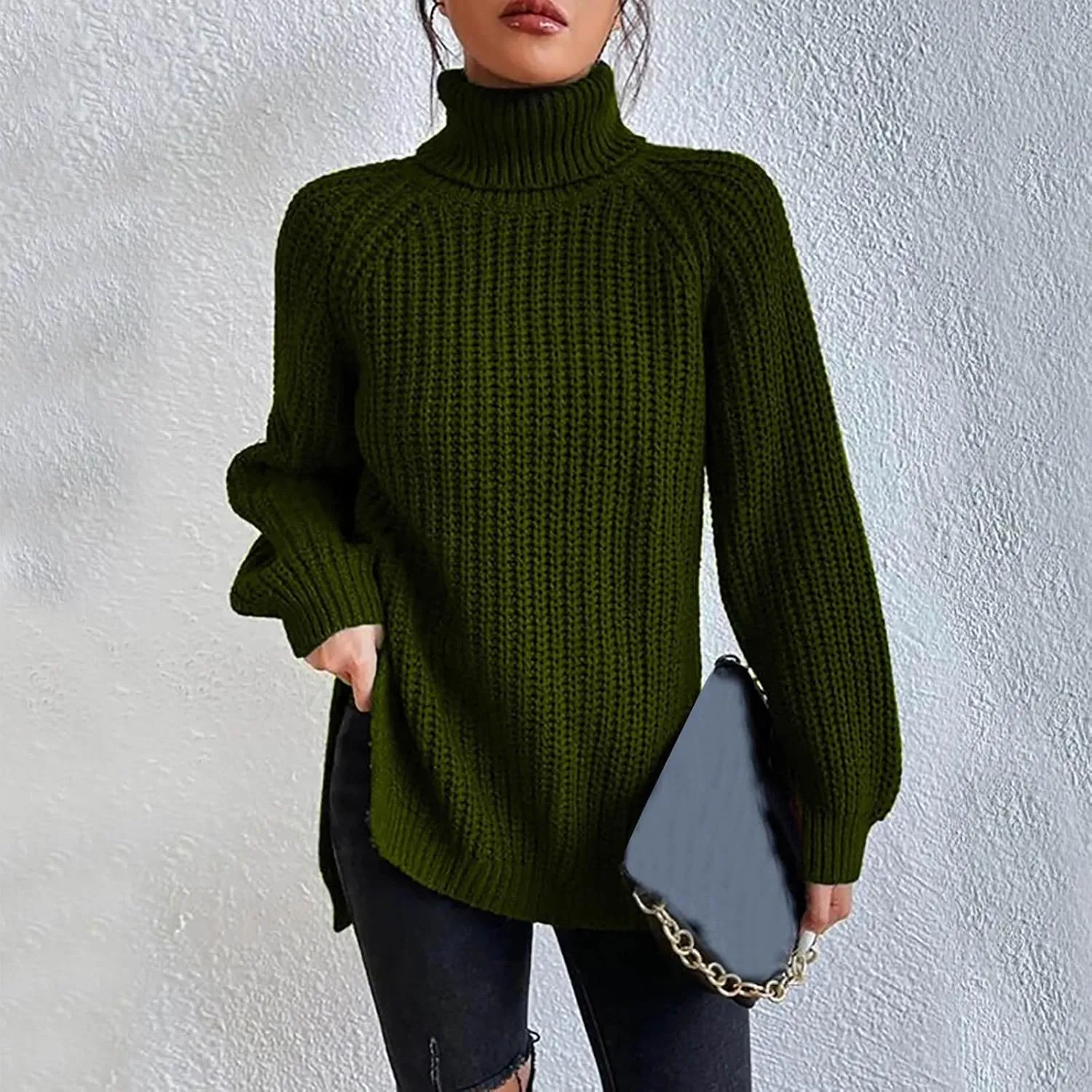 Women's Turtleneck Sweaters Slouchy Knit Chunky Sweater Fall Winter Fashion Cable Weaving Long Sleeve Pullover