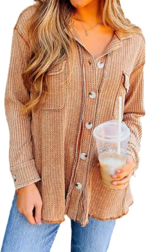 Womens Waffle Knit Jacket Oversized Casual Long Sleeve Blouse Button Down Lapel Distressed Shirt Lightweight Top