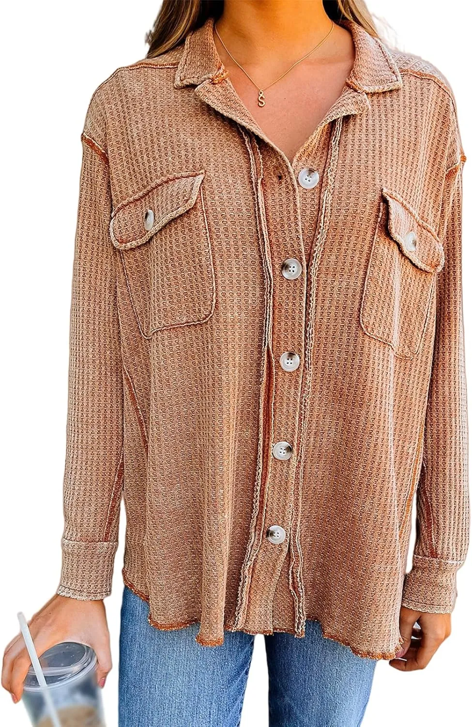 Womens Waffle Knit Jacket Oversized Casual Long Sleeve Blouse Button Down Lapel Distressed Shirt Lightweight Top