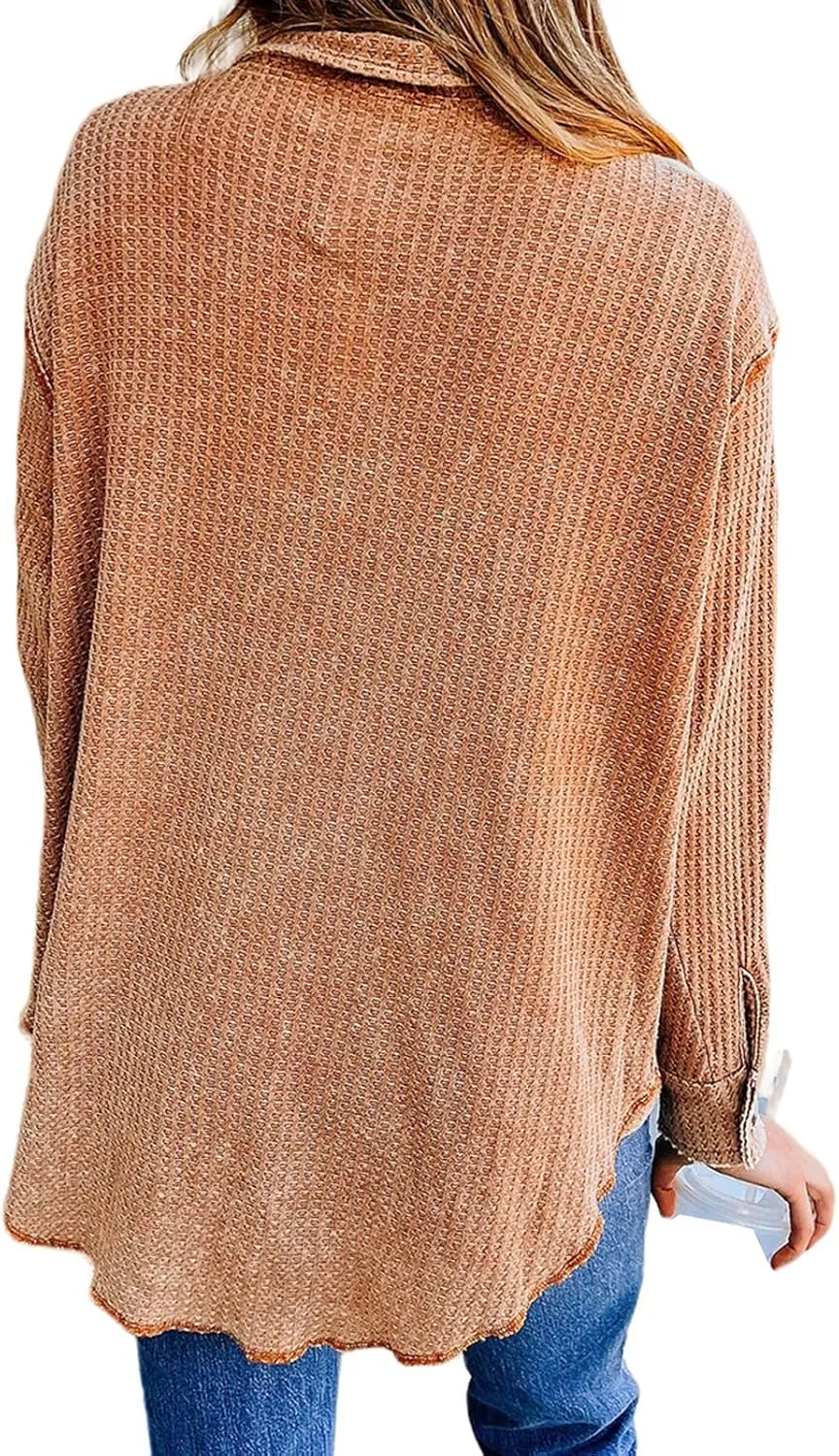 Womens Waffle Knit Jacket Oversized Casual Long Sleeve Blouse Button Down Lapel Distressed Shirt Lightweight Top
