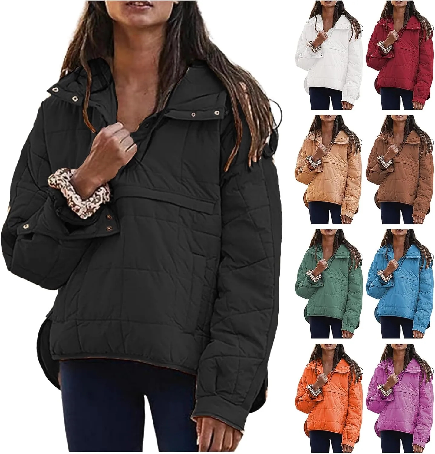 Womens Winter Casual Oversized Puffer Jacket Quilted Dolman Hoodies Pullover Long Sleeve Lightweight Warm Tops Coat