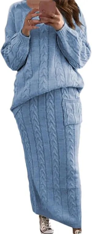 Women's Winter Chunky Cable Knit Long Skirt 2 Piece Outfit Sweater Sets Casual Comfy Slim Sweater Outfits