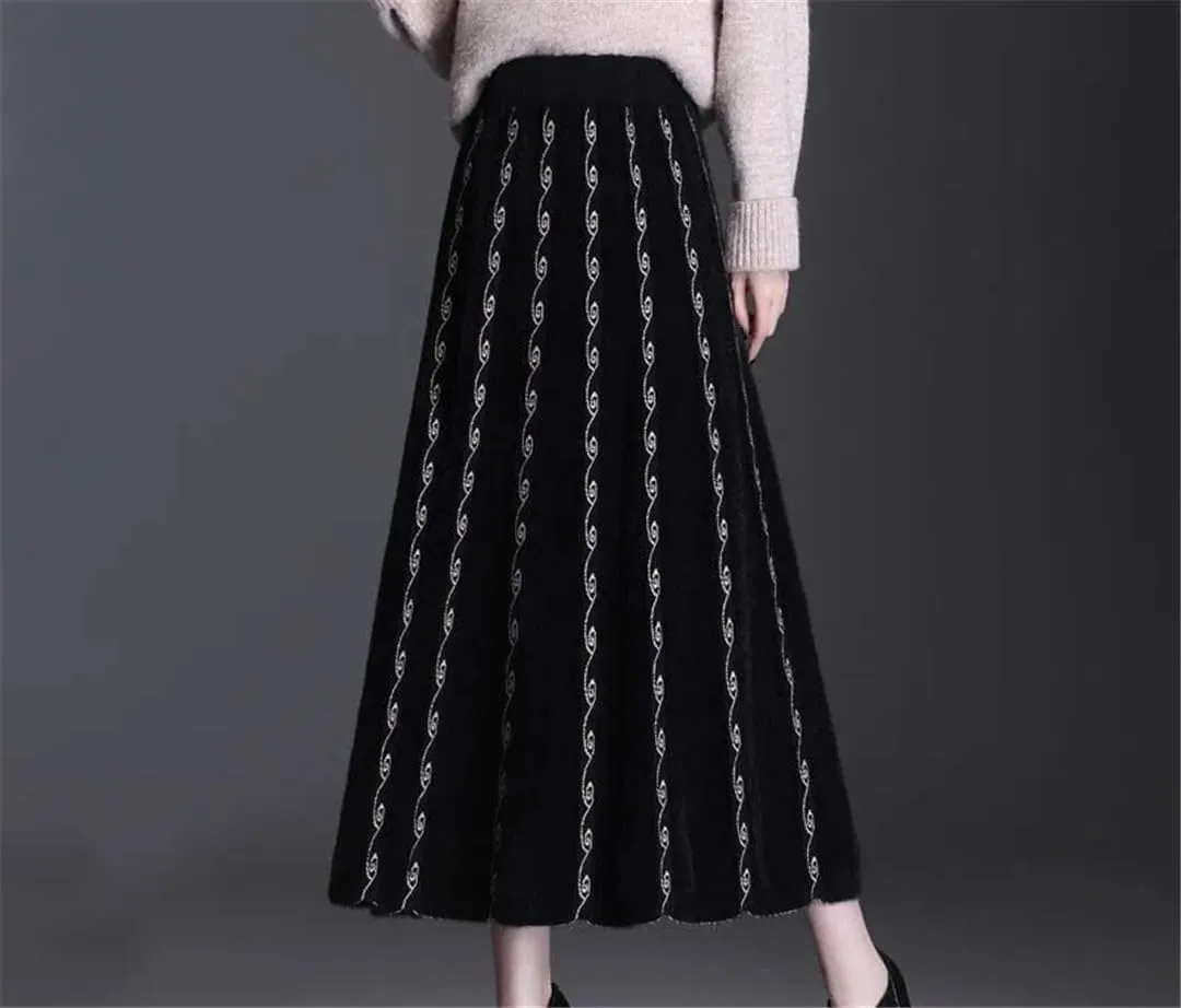 Women's Winter Thick Mink Fleece Pleated Skirt - High Waist Midi Knitted A-Line Skirt for Autumn & Winter