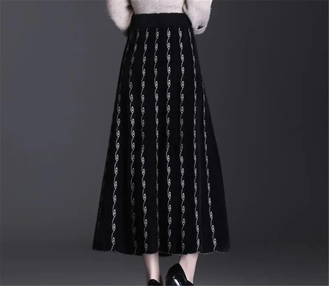 Women's Winter Thick Mink Fleece Pleated Skirt - High Waist Midi Knitted A-Line Skirt for Autumn & Winter