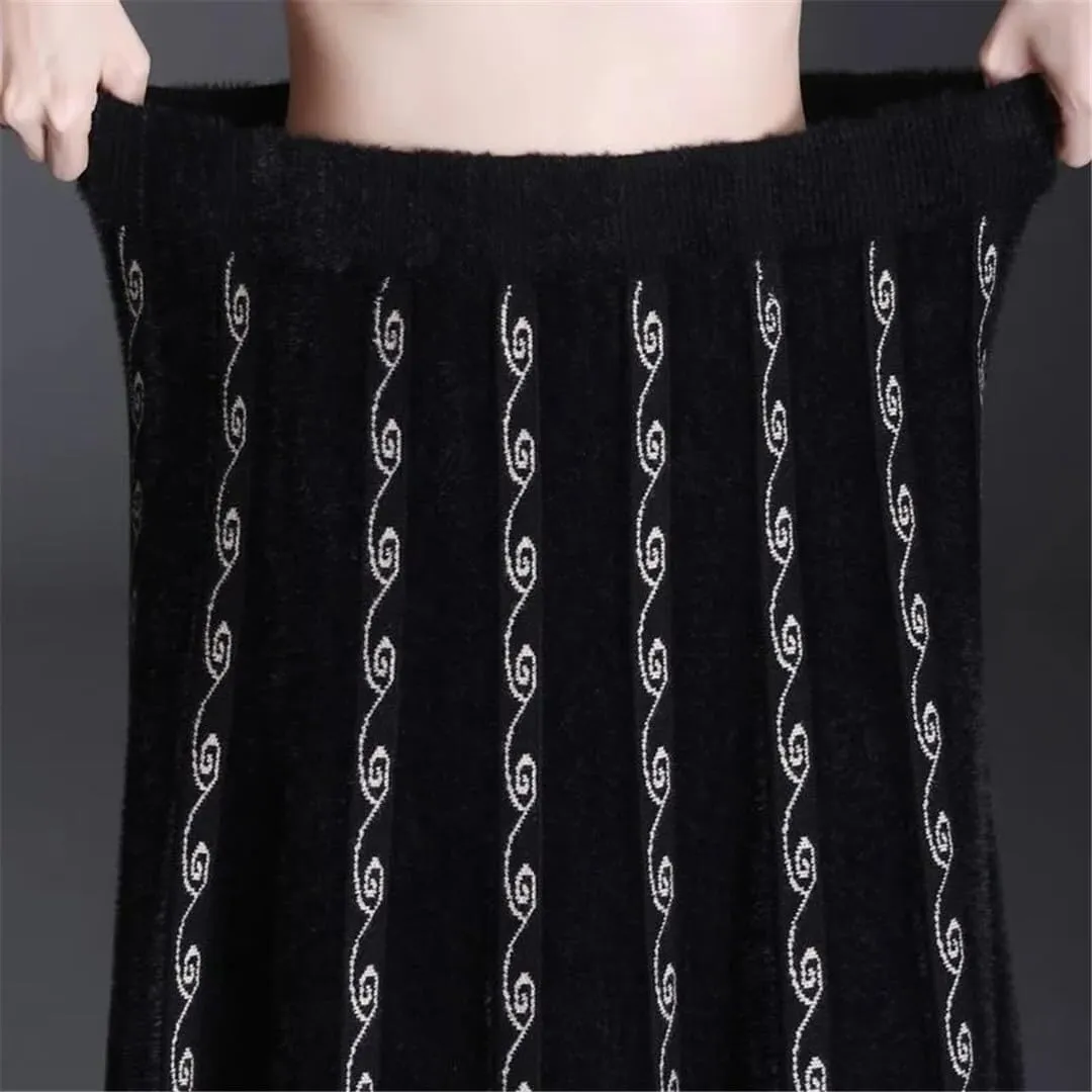 Women's Winter Thick Mink Fleece Pleated Skirt - High Waist Midi Knitted A-Line Skirt for Autumn & Winter