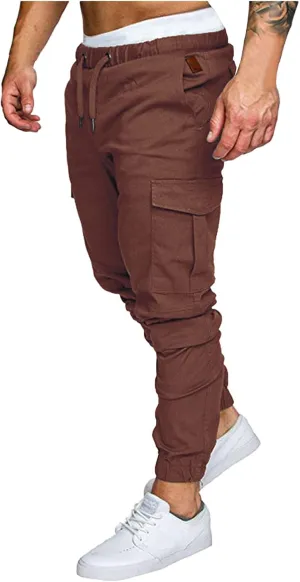 XUETON Mens Tapered Cargo Pants Slim Fit Chino Joggers Casual Work Trousers Sweatpants with Pockets and Drawstring Brown