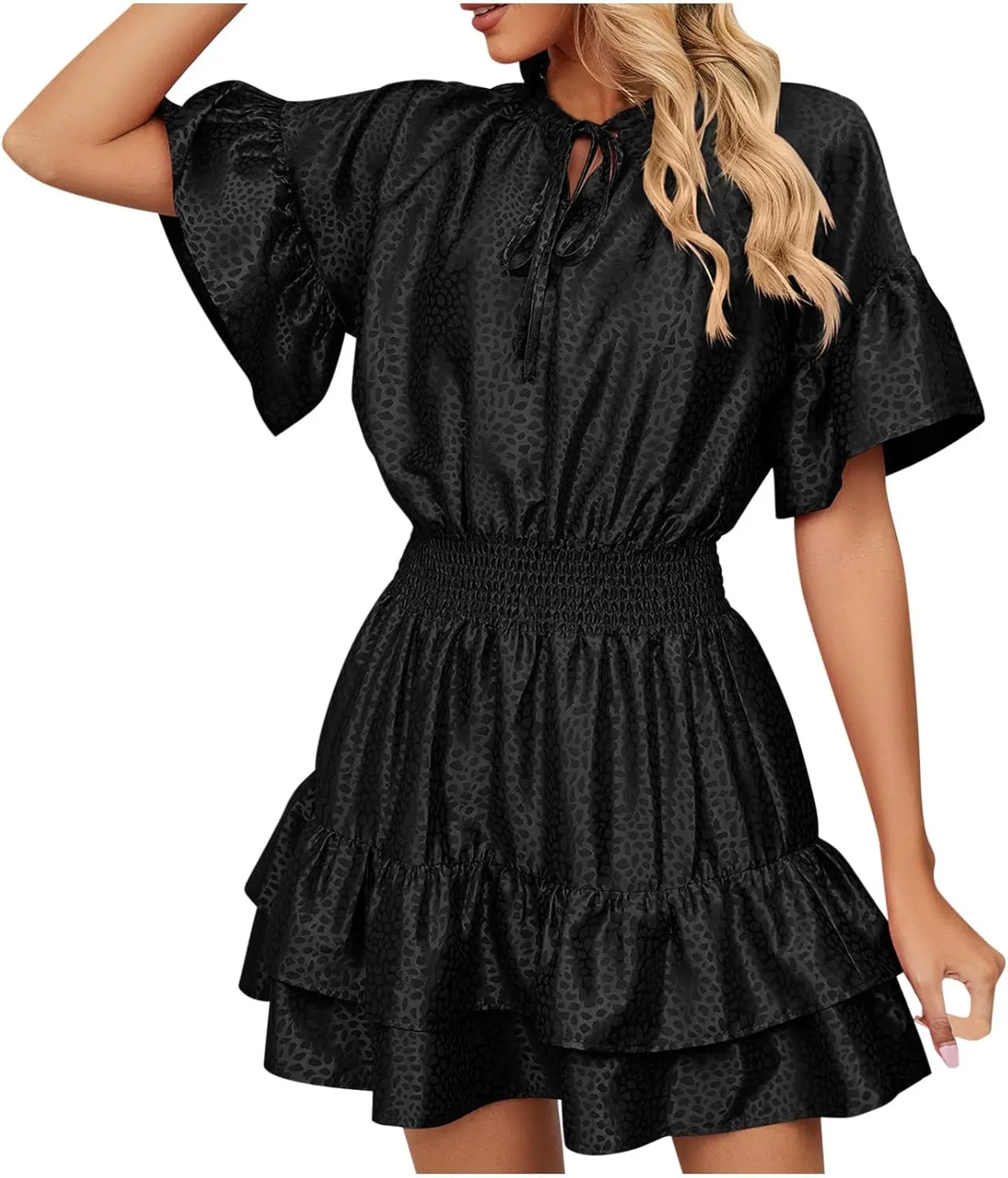 XUNRYAN Womens Classy Satin Dress Summer Casual Dresses Short Sleeve Lace Up V Neck Tiered Ruffle Mini Dress