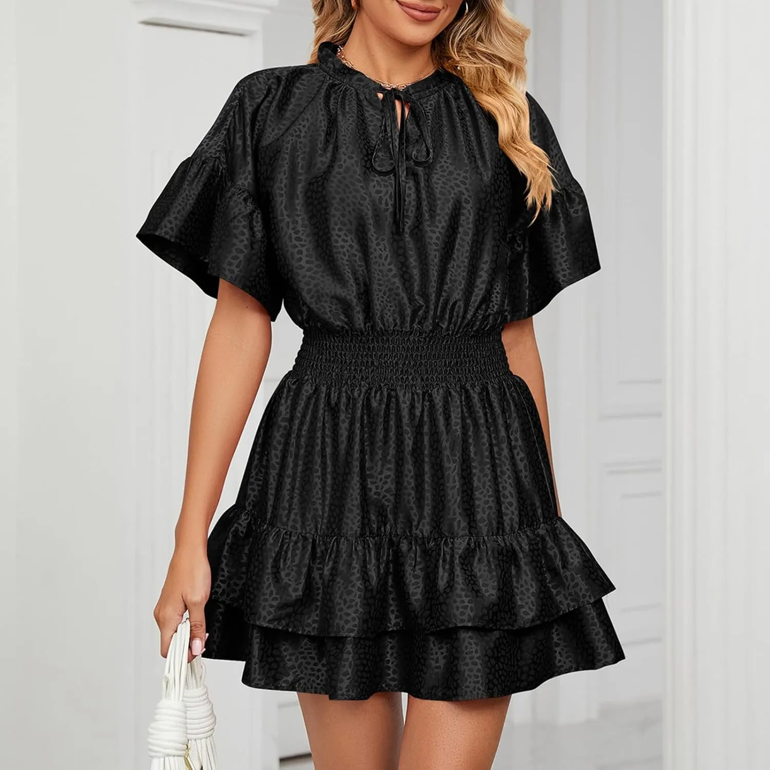 XUNRYAN Womens Classy Satin Dress Summer Casual Dresses Short Sleeve Lace Up V Neck Tiered Ruffle Mini Dress