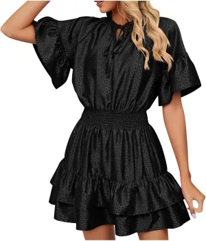 XUNRYAN Womens Classy Satin Dress Summer Casual Dresses Short Sleeve Lace Up V Neck Tiered Ruffle Mini Dress