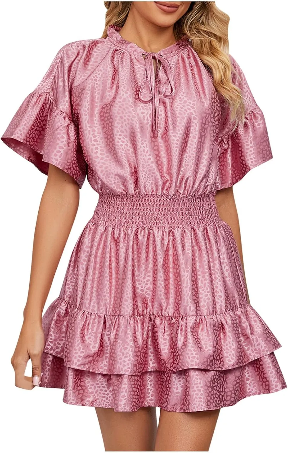 XUNRYAN Womens Classy Satin Dress Summer Casual Dresses Short Sleeve Lace Up V Neck Tiered Ruffle Mini Dress