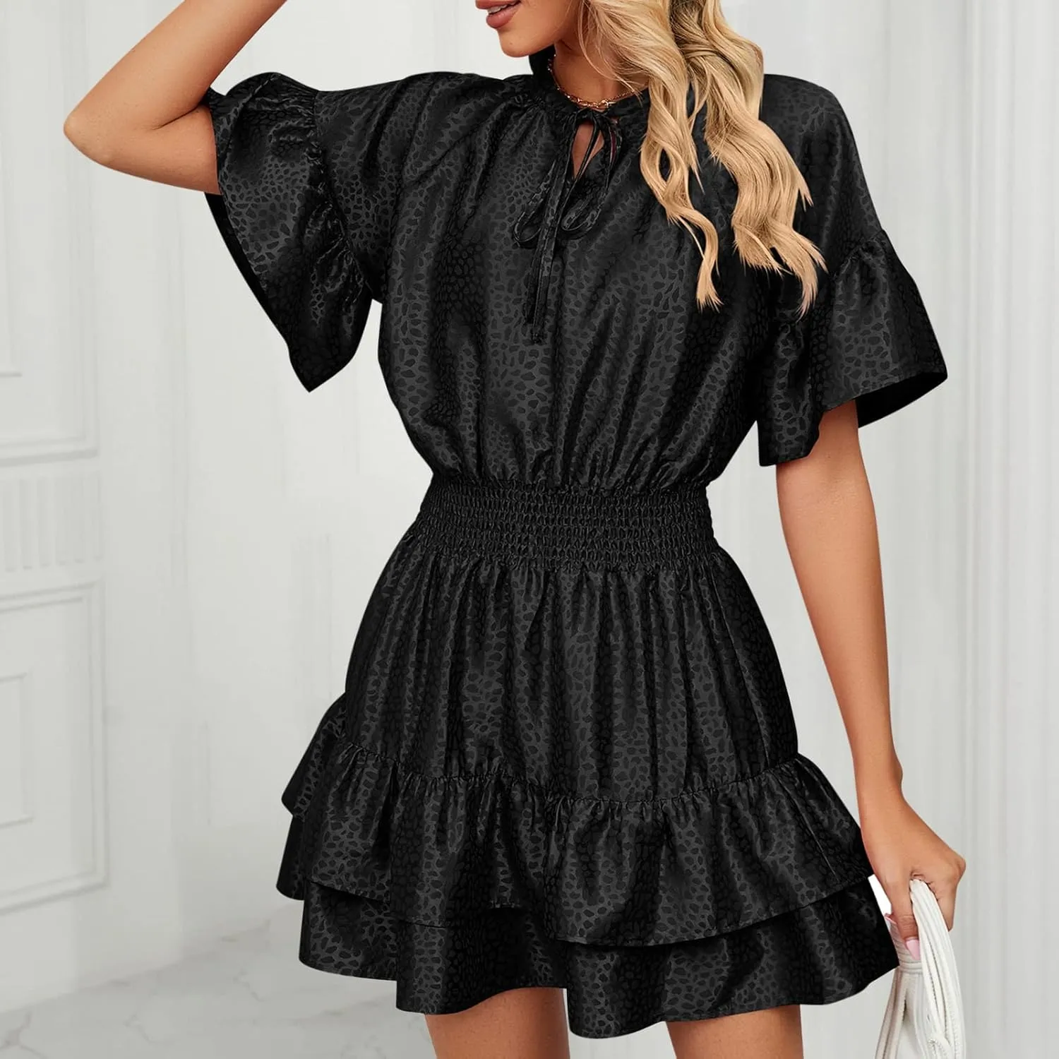 XUNRYAN Womens Classy Satin Dress Summer Casual Dresses Short Sleeve Lace Up V Neck Tiered Ruffle Mini Dress