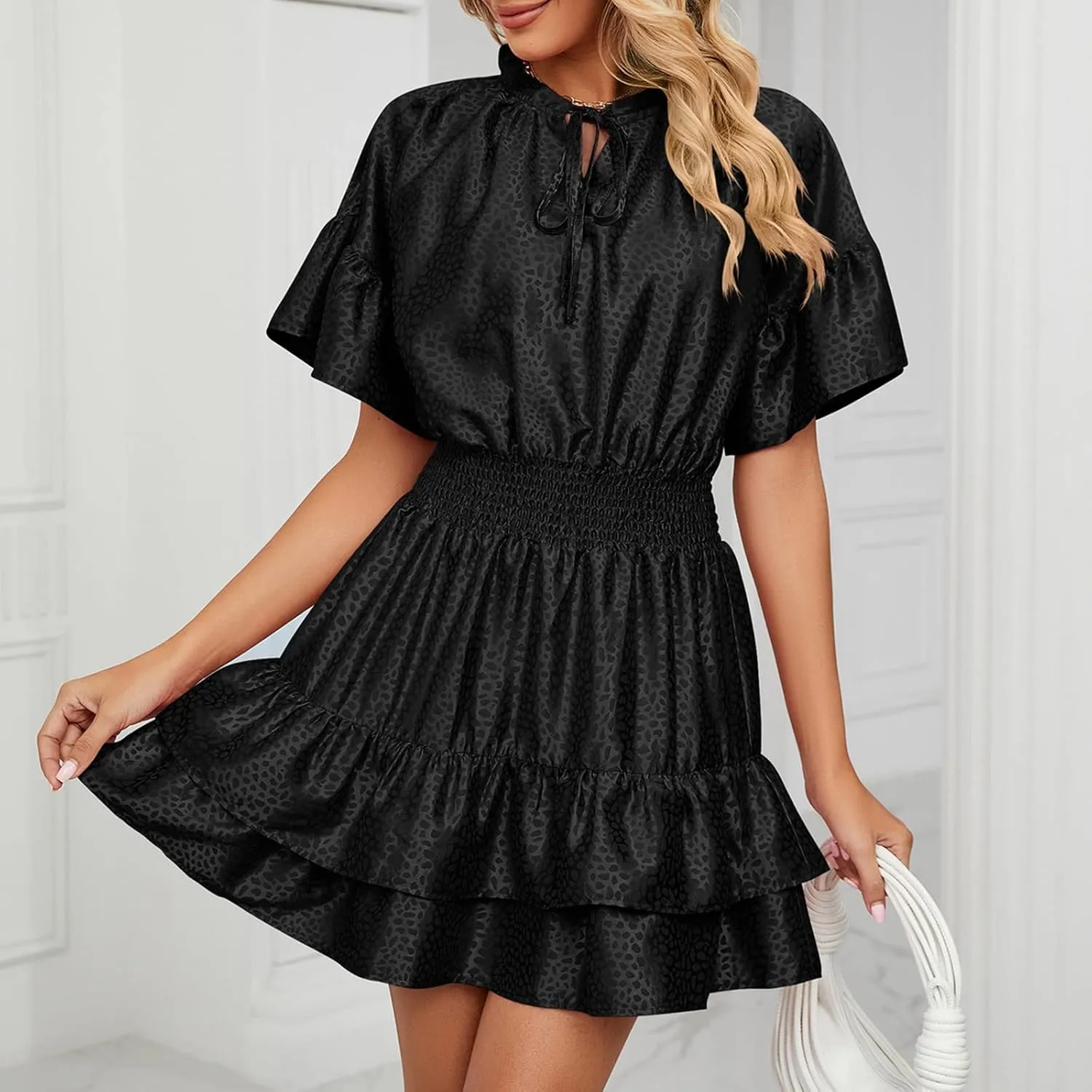 XUNRYAN Womens Classy Satin Dress Summer Casual Dresses Short Sleeve Lace Up V Neck Tiered Ruffle Mini Dress