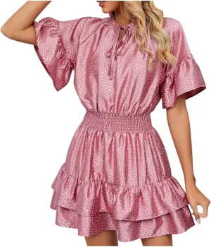 XUNRYAN Womens Classy Satin Dress Summer Casual Dresses Short Sleeve Lace Up V Neck Tiered Ruffle Mini Dress