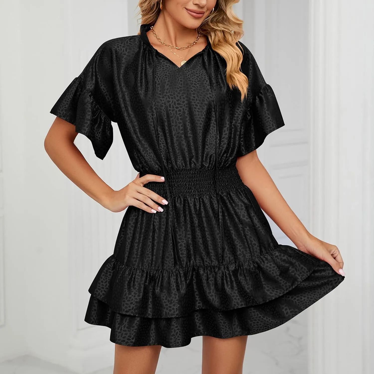 XUNRYAN Womens Classy Satin Dress Summer Casual Dresses Short Sleeve Lace Up V Neck Tiered Ruffle Mini Dress