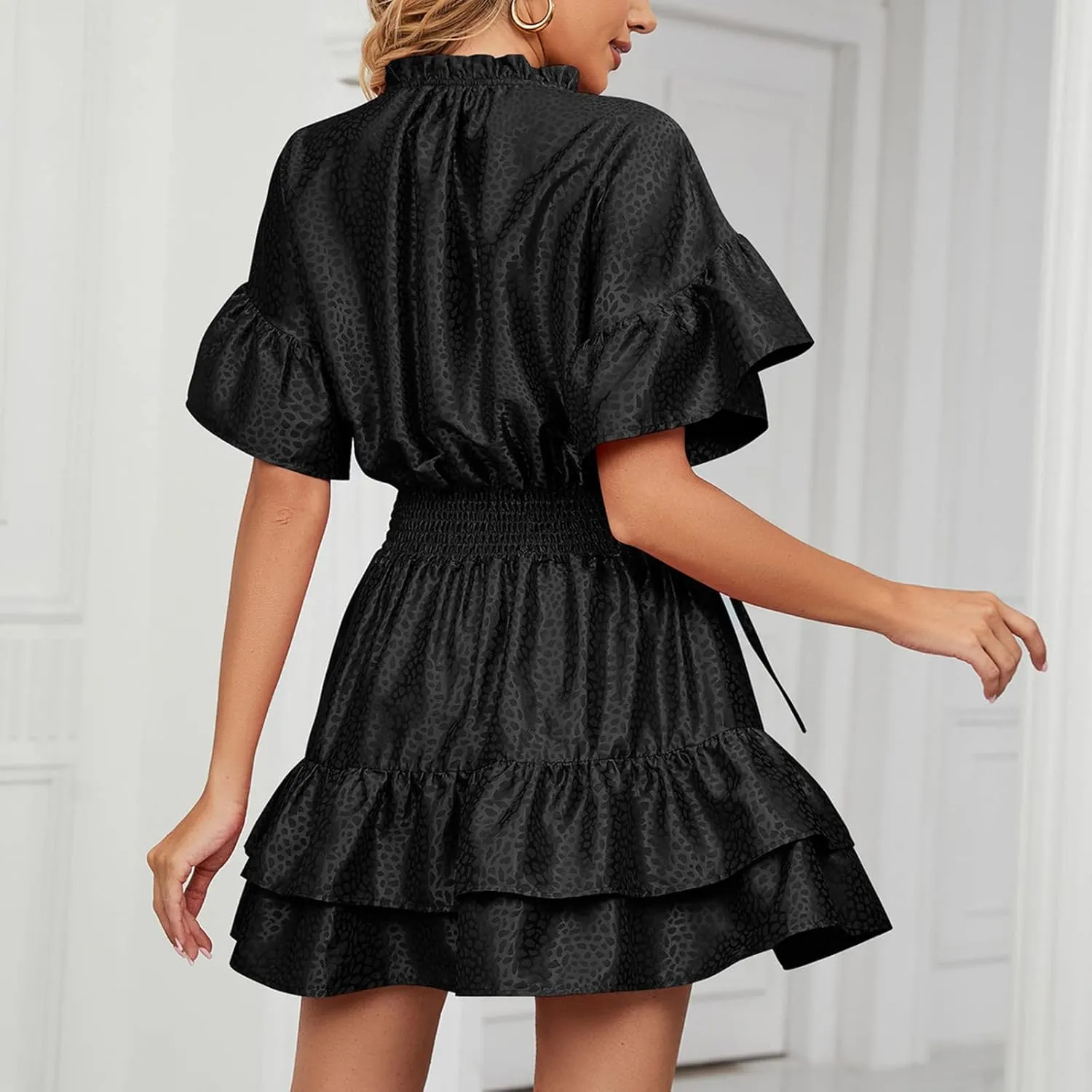 XUNRYAN Womens Classy Satin Dress Summer Casual Dresses Short Sleeve Lace Up V Neck Tiered Ruffle Mini Dress