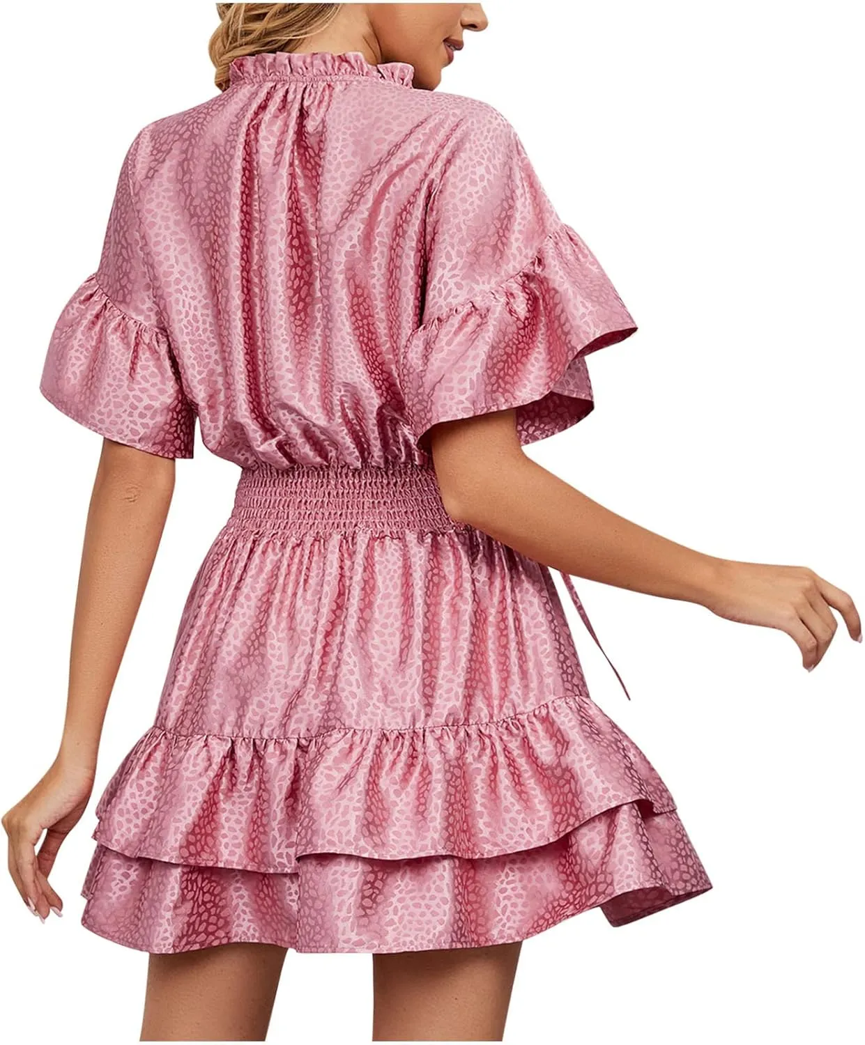XUNRYAN Womens Classy Satin Dress Summer Casual Dresses Short Sleeve Lace Up V Neck Tiered Ruffle Mini Dress