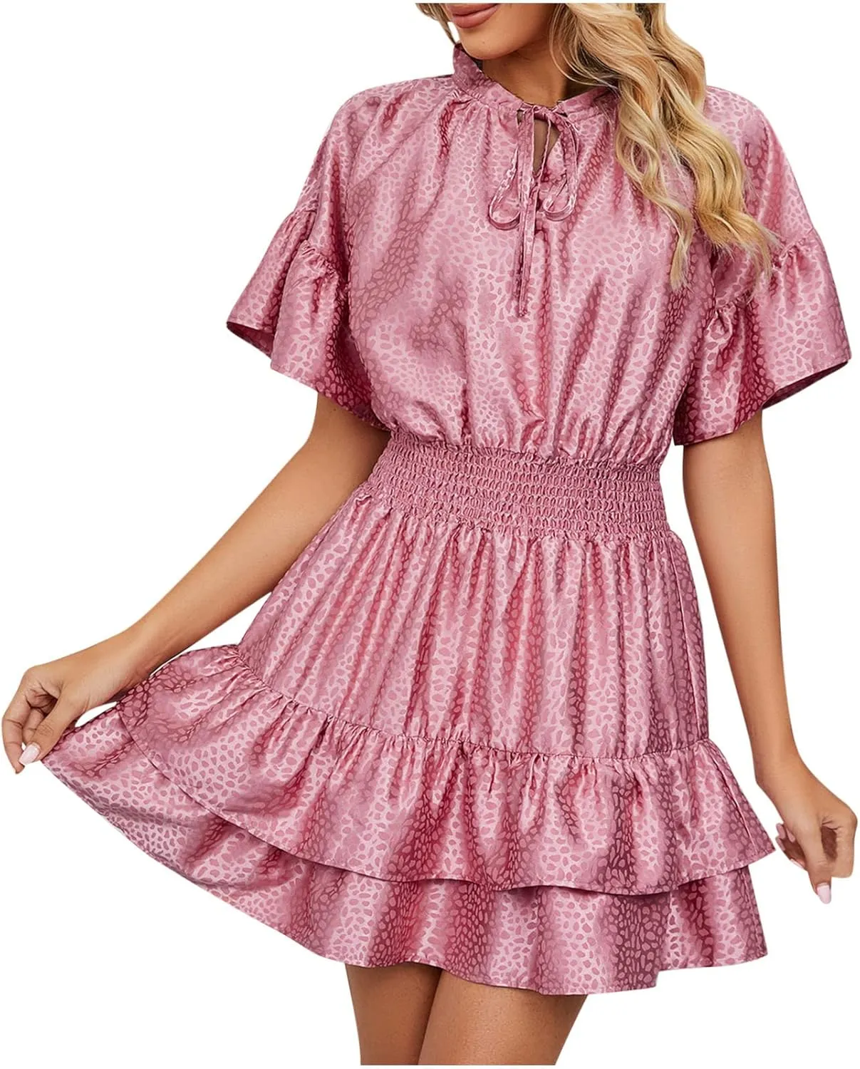 XUNRYAN Womens Classy Satin Dress Summer Casual Dresses Short Sleeve Lace Up V Neck Tiered Ruffle Mini Dress