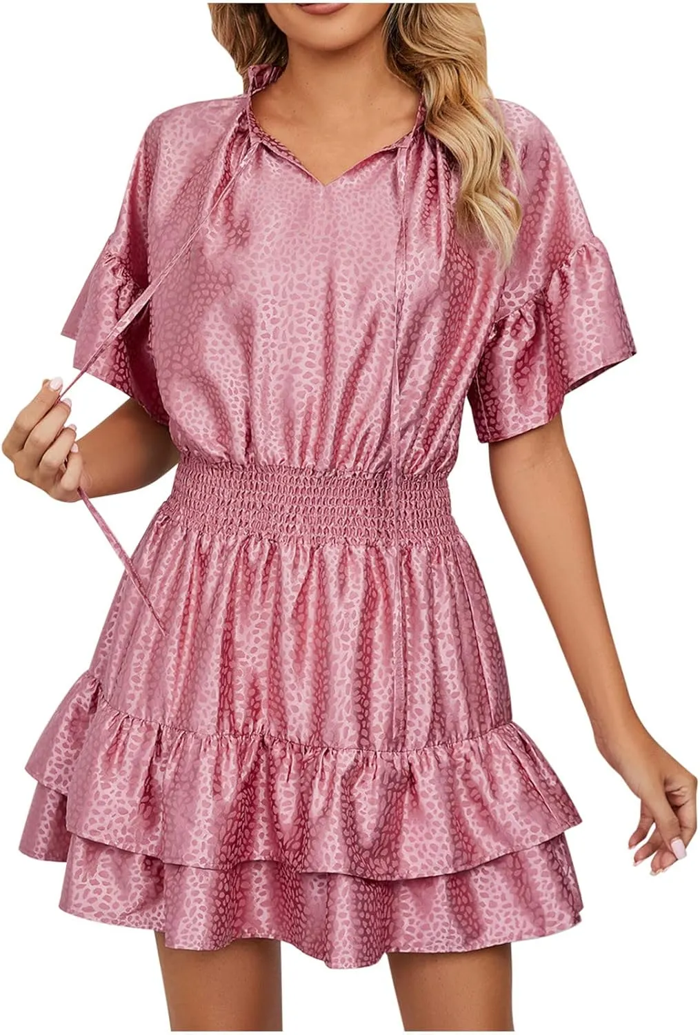 XUNRYAN Womens Classy Satin Dress Summer Casual Dresses Short Sleeve Lace Up V Neck Tiered Ruffle Mini Dress