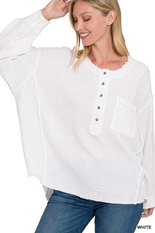 Zenana Double Gauze Oversized 3/4 Button Henley Womens Top 8Colors S-L
